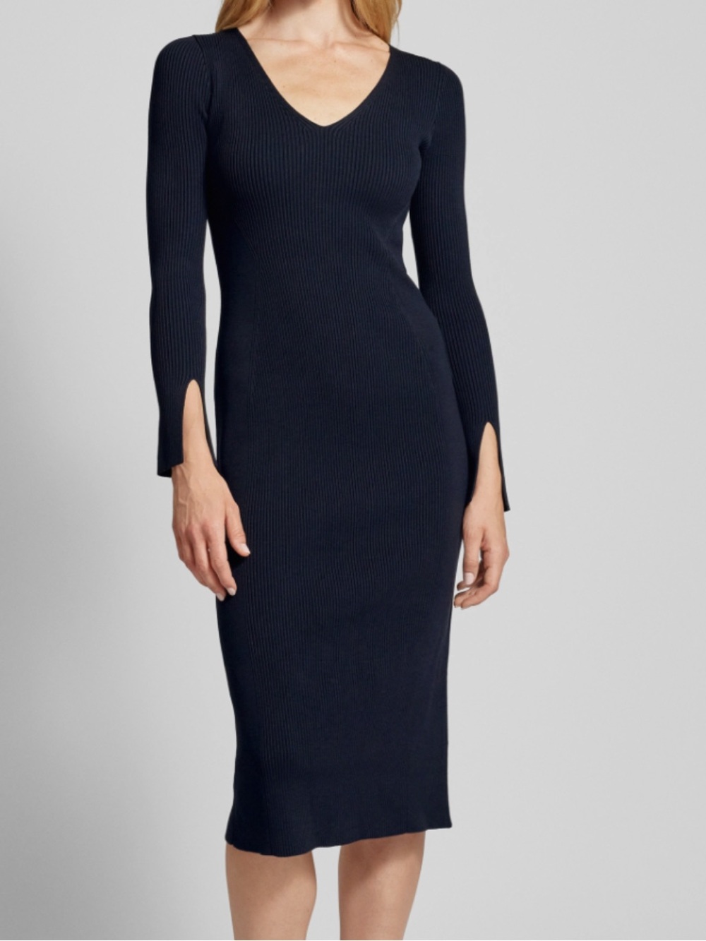 BOSS Hugo Boss Sz XS Dress Blue V-neck midi Formina Ribbed Knit Timeless Classic